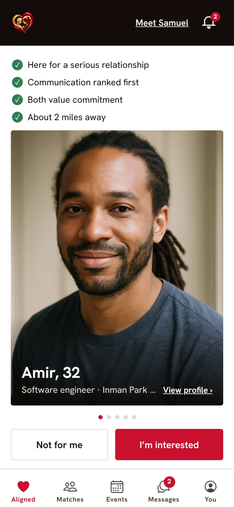 The Aligned screen: what you share with Amir, then his photo
