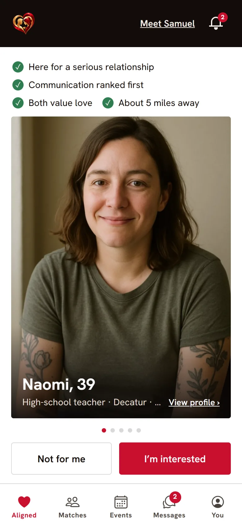 An introduction in the app: what you share with Naomi, then her photo