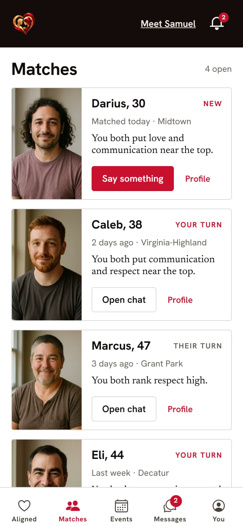 The Matches screen: four mutual matches and whose turn it is