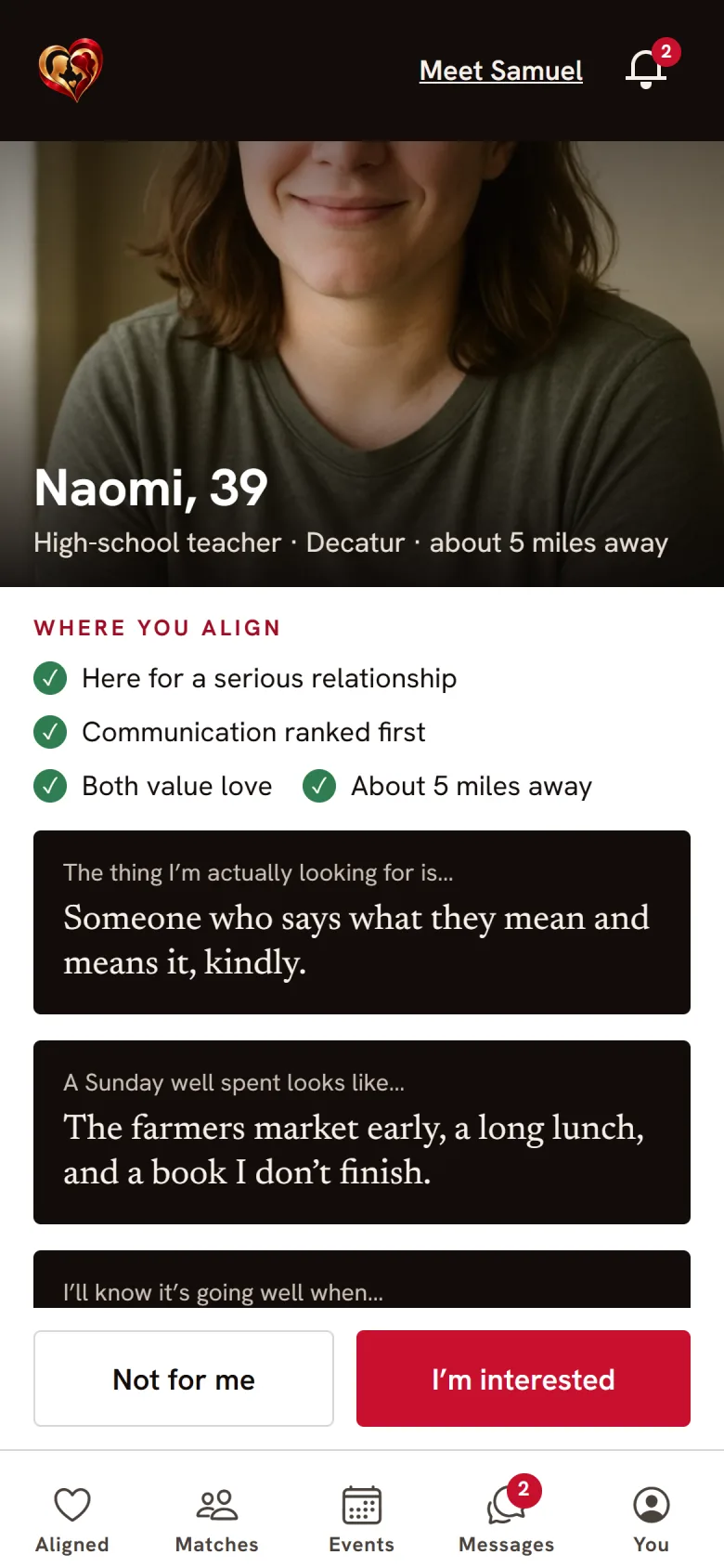 A profile in the app, in her own words