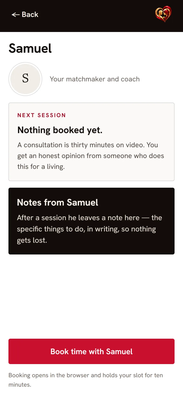 Samuel’s screen in the app, with the button to book a session