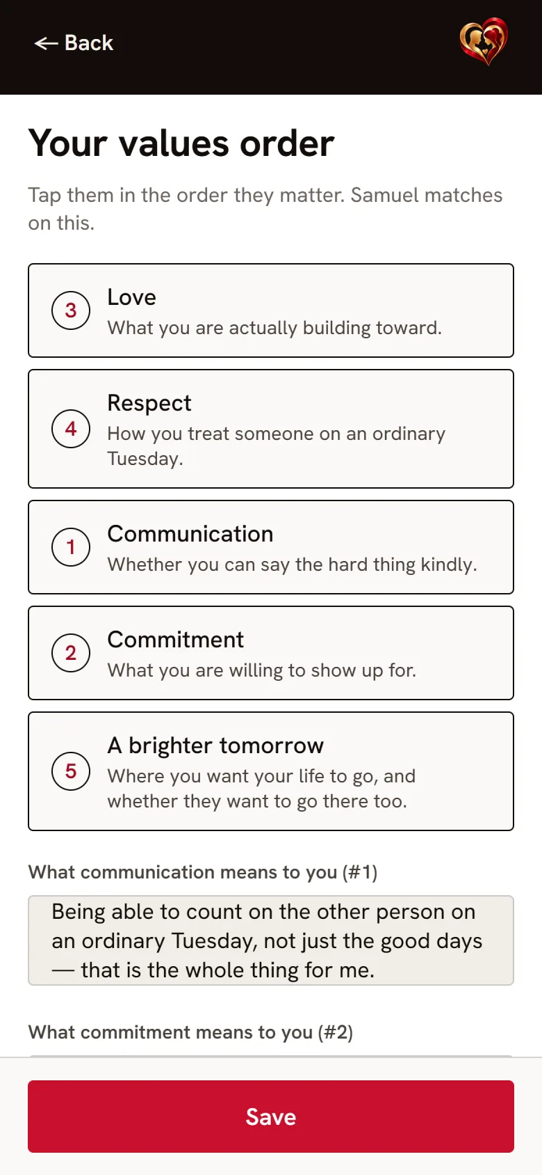Ranking the five values in the app